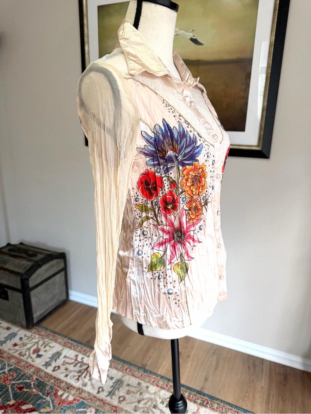 Alberto Makali Silk Blend Floral Lace Boho Button Blouse Top M - Picture 7 of 13